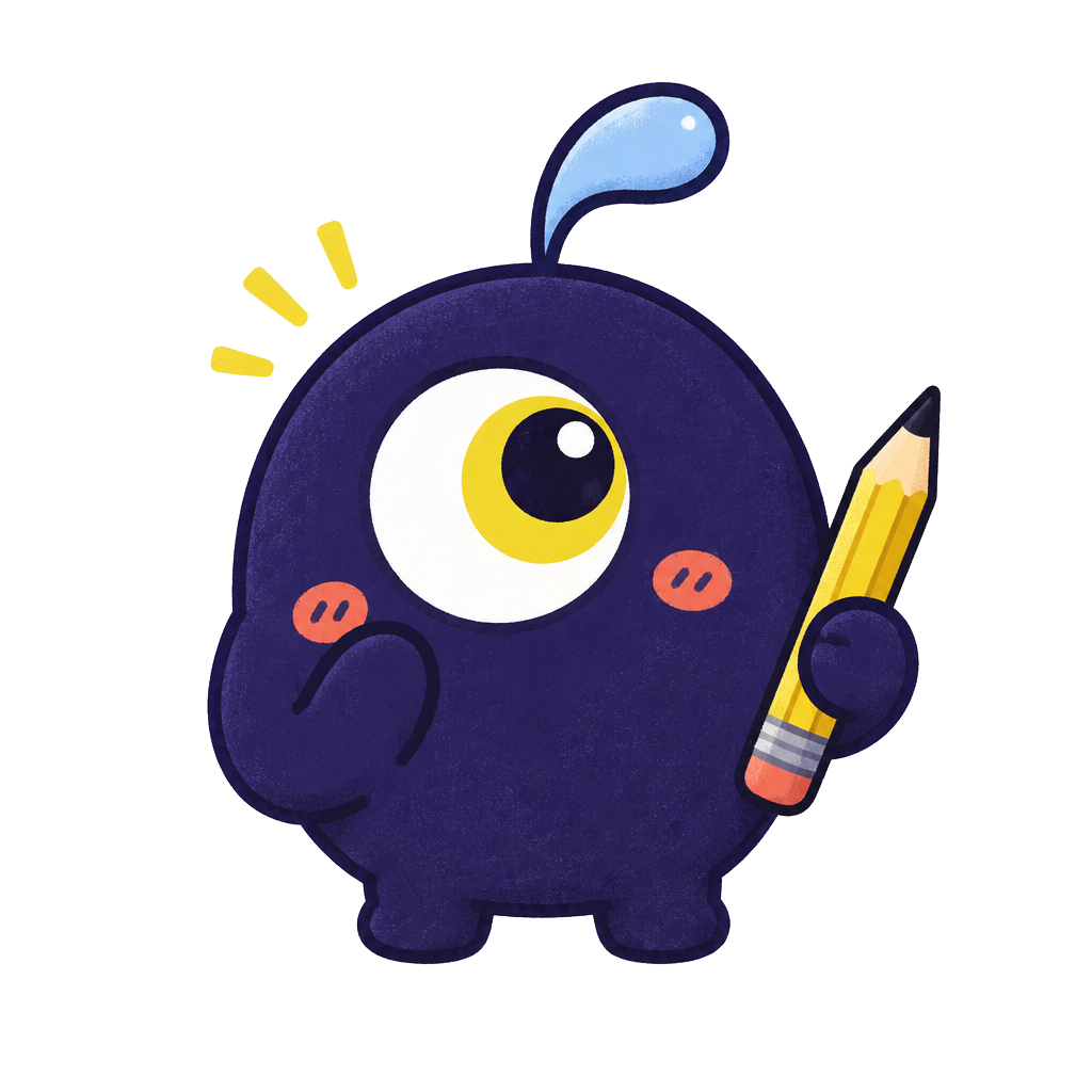Menty, a small violet one-eyed character holding a pencil